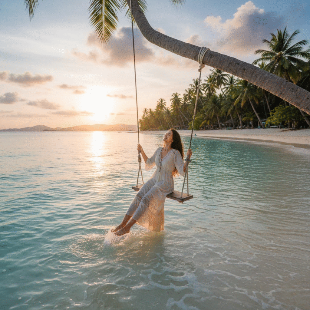 Girl in a swing at pasikuda beach